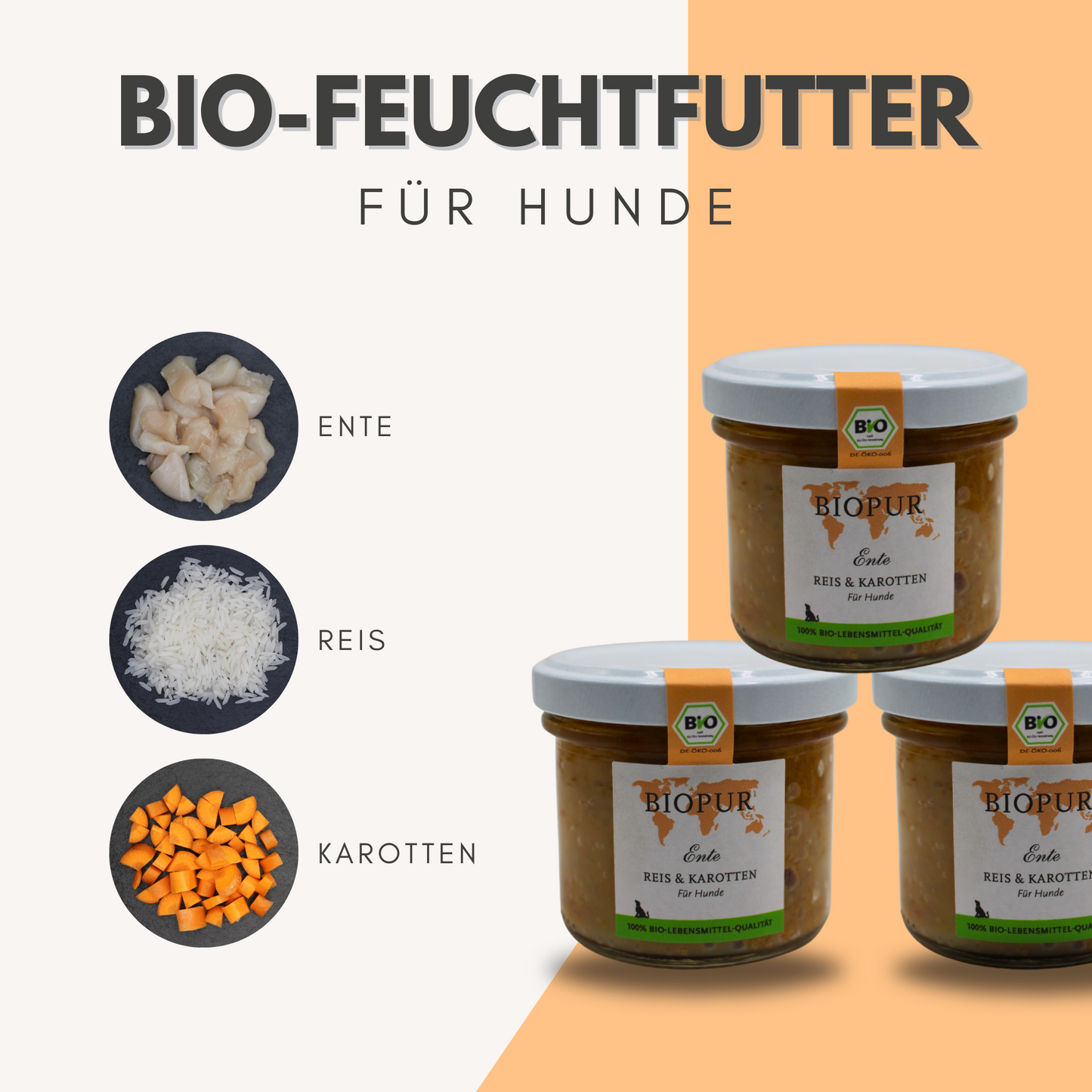 Bio-Alleinfutter - Ente, Reis & Karotten für Hunde