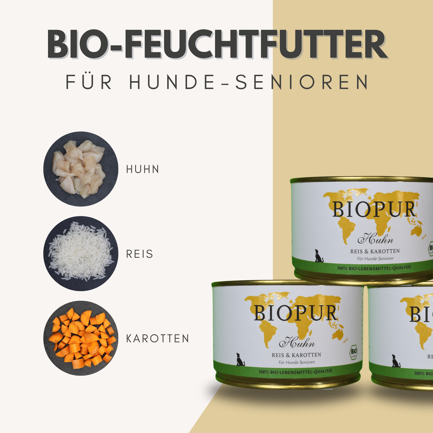 Bio-Alleinfutter - Huhn, Reis & Karotten für Hunde-Senioren