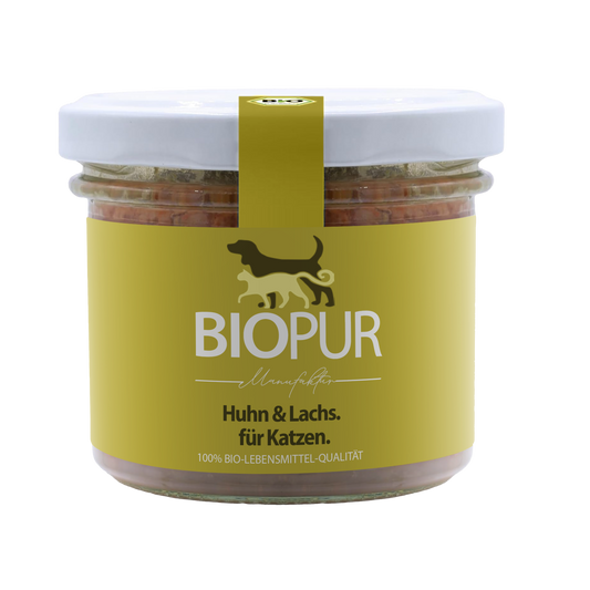 Premiumglas für Katzen Huhn & Lachs mit Karotten & Katzenminze