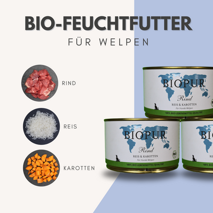 BIOPUR Bio-Feuchtfutter - Rind, Reis & Karotten für Welpen